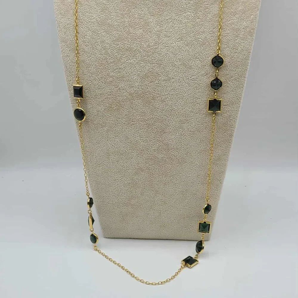J Crew Dark Teal Crystal Station Gold Tone Necklace NWOT